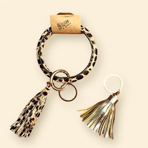 Wristlet Animal Print Keychain + Gold faux leather pom keychain; NEW